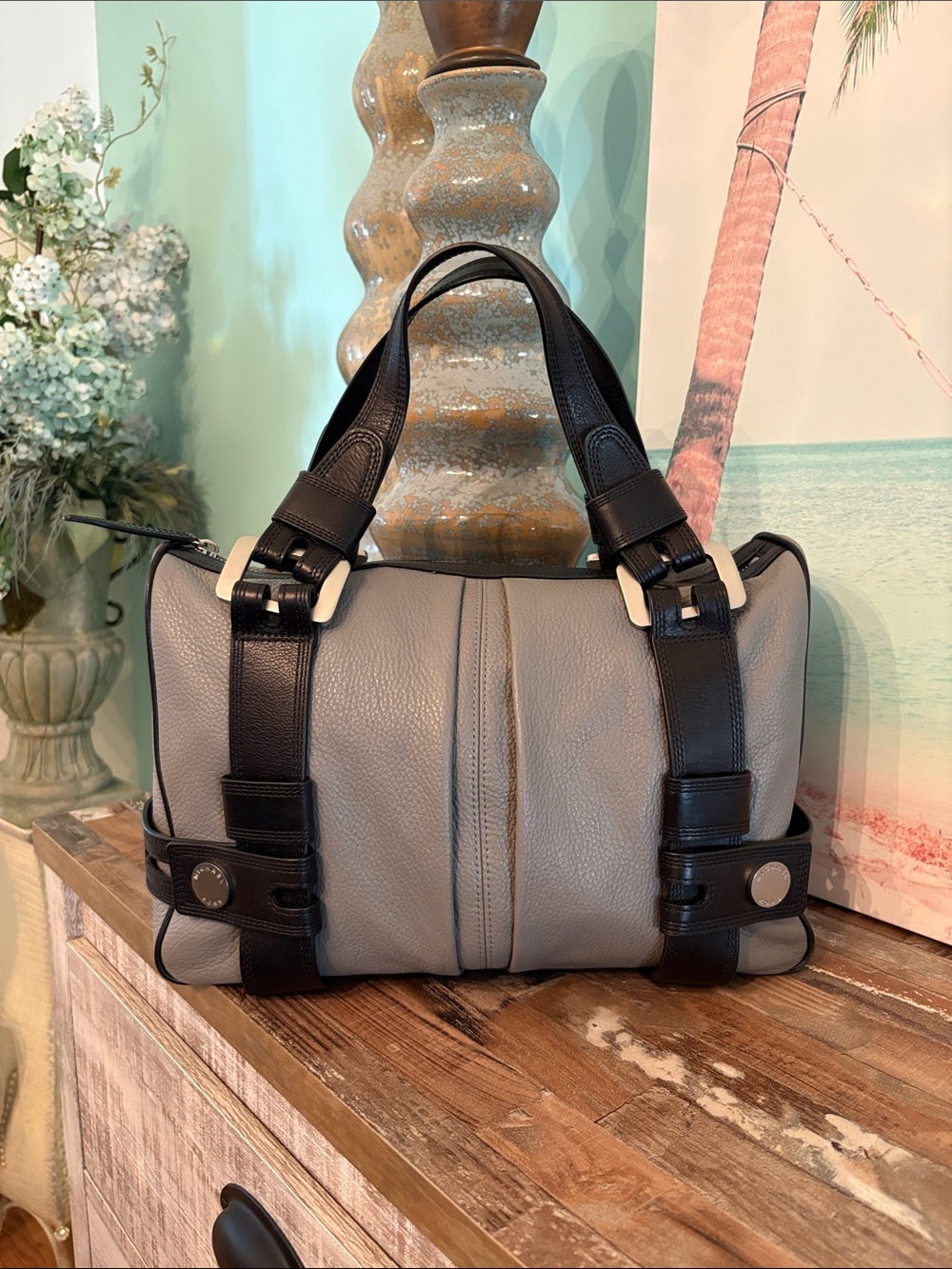Vintage Michael Kors Gray Pebbled Leather Duffel with black Trim stunning bag